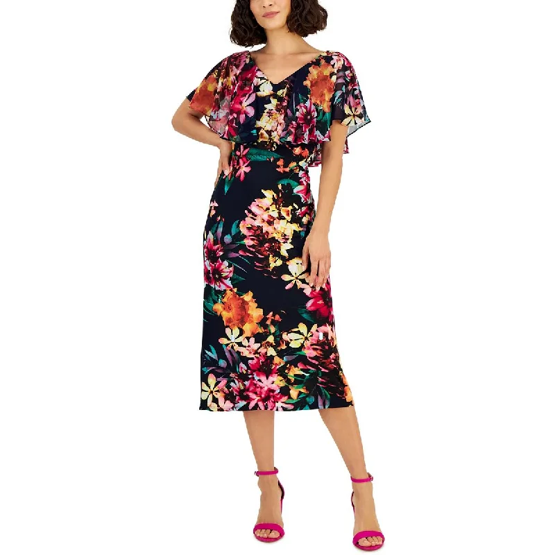 Connected Apparel Womens Petites Popover Floral Print Midi Dress