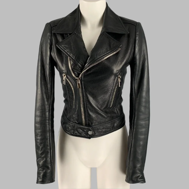 BALENCIAGA Size 4 Black Leather Lamb Skin Motorcycle Jacket