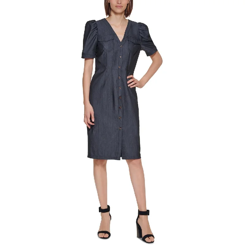 Calvin Klein Womens Petites Woven Puff Sleeves Shirtdress