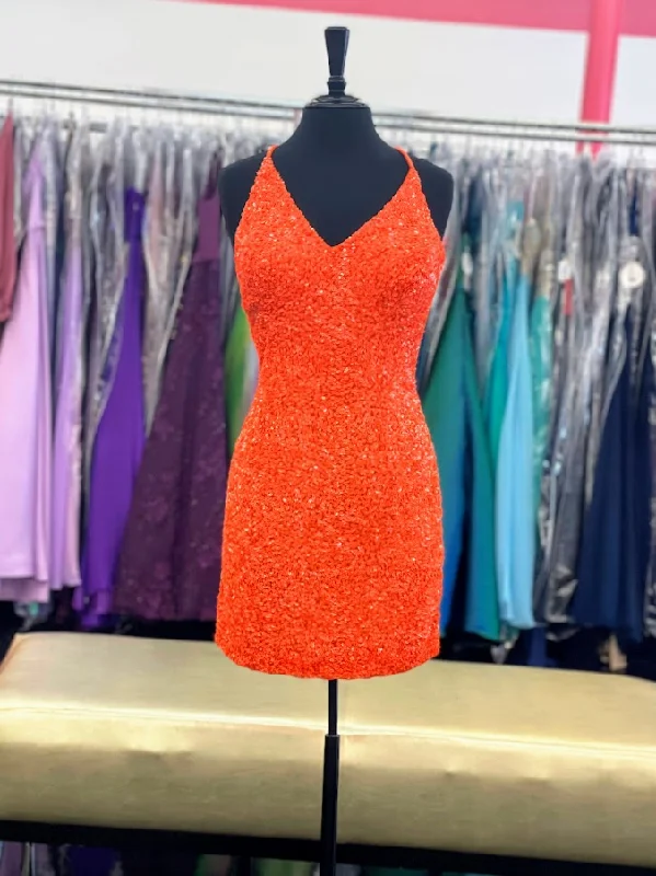 Amarra 87427 Size 10 Neon Orange Short Fitted Sequin Backless Homecoming Dress Formal Cocktail Dress