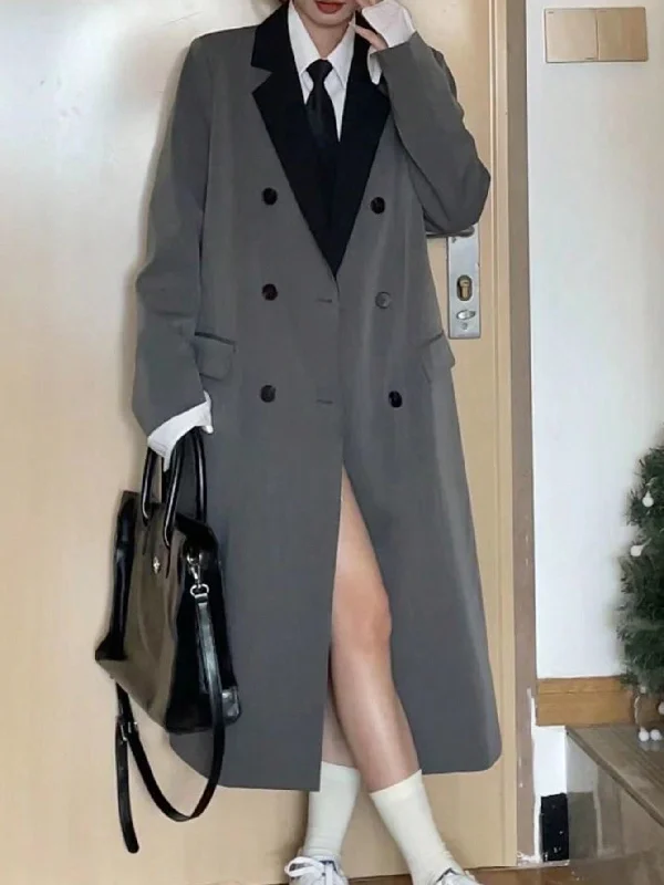 Ana Bade Women's Grey Color Block Lapel Coat