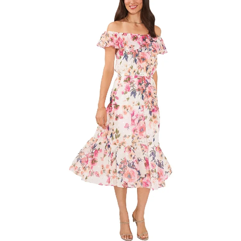 MSK Womens Floral Off-The-Shoulder Midi Dress