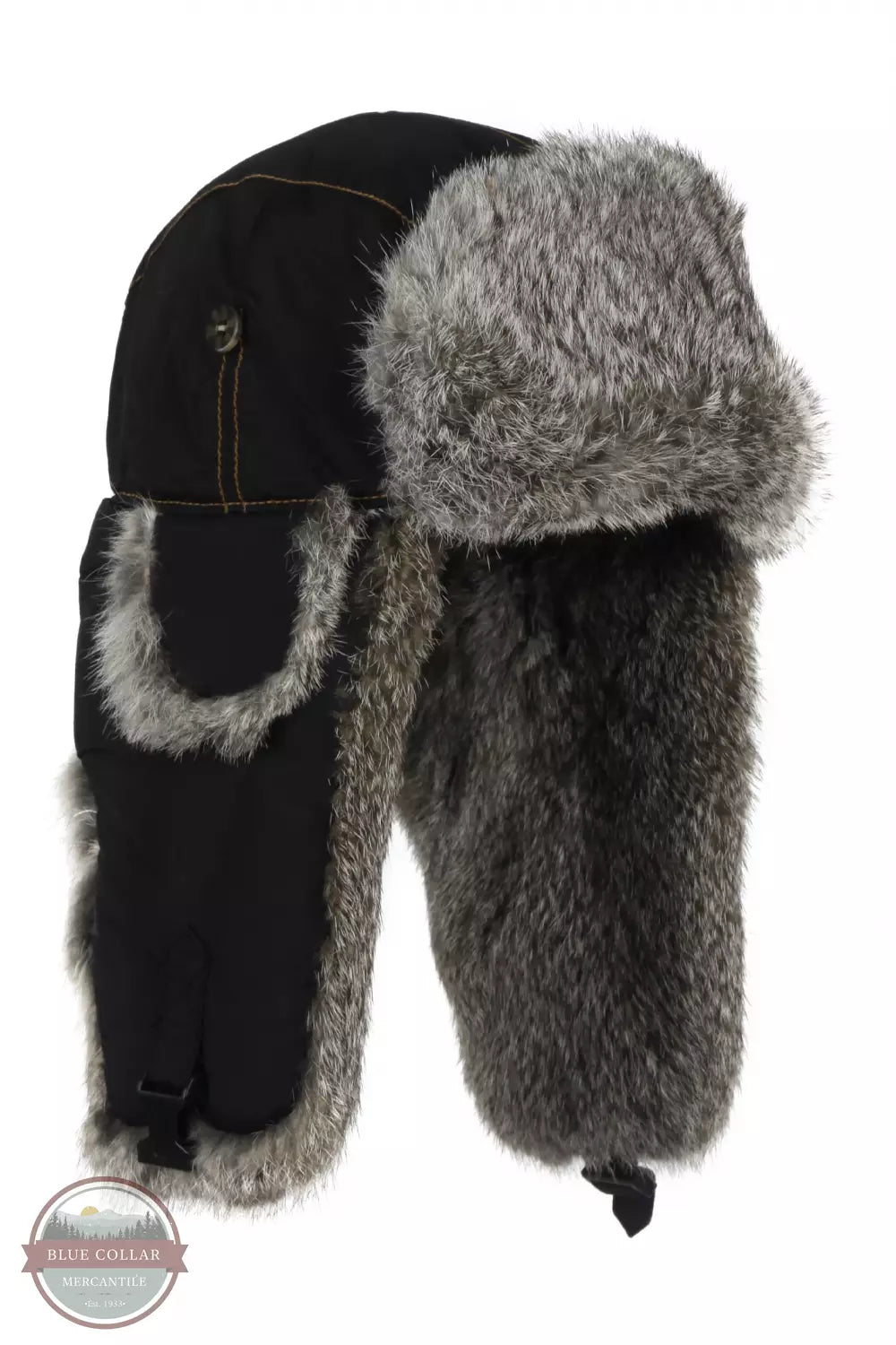 304BLK Black Supplex Bomber Hat with Grey Fur