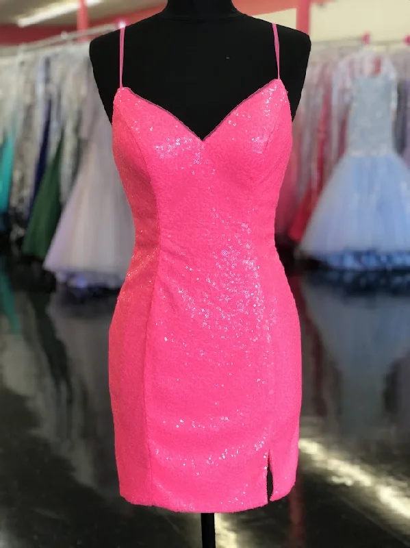 Dave & Johnny 10709 Size 2 Neon Pink Short Sequin Fitted Cocktail Homecoming Dress Slit V Neck Formal Gown