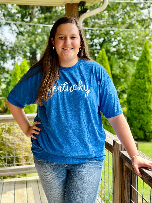 White KY Script on Heather Royal Tee