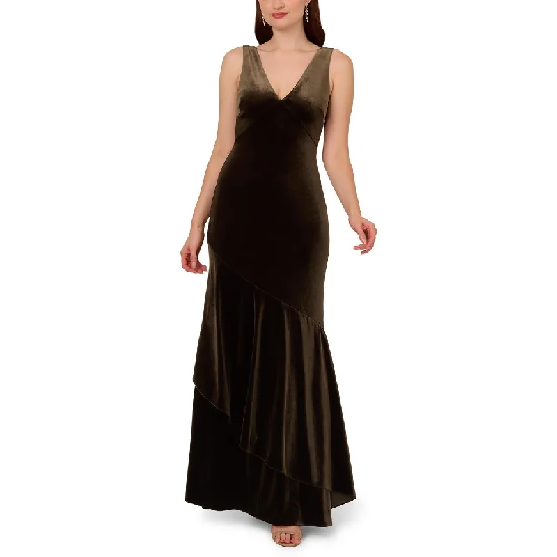 Adrianna Papell Womens Velvet Flounce Hem Evening Dress