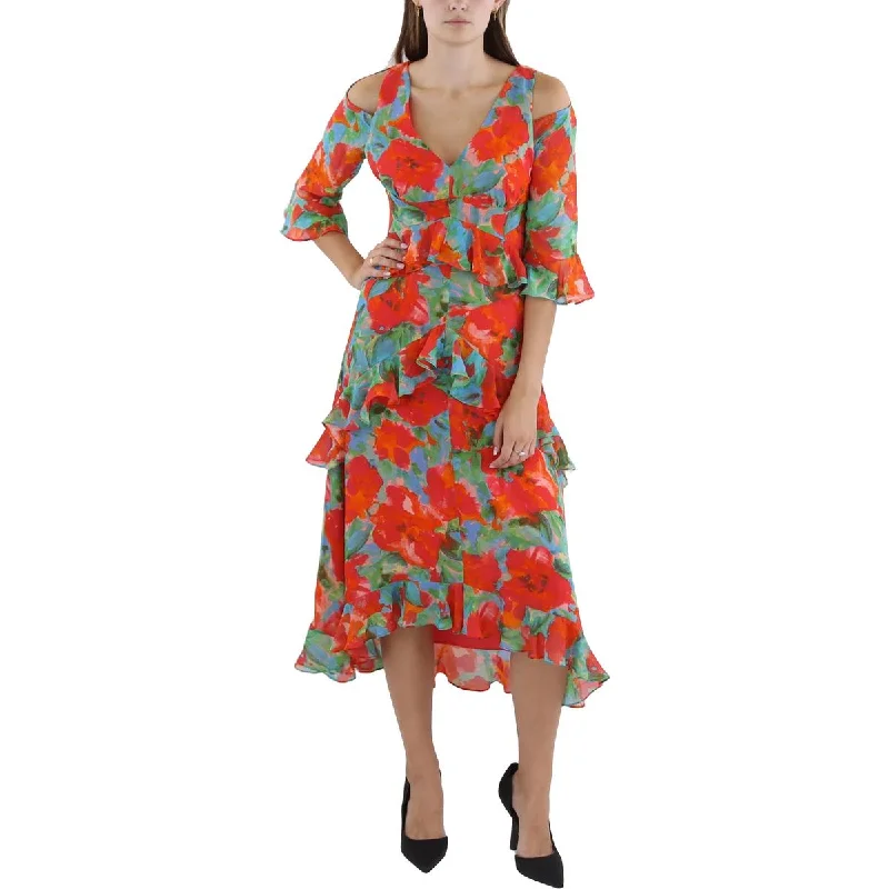 Tahari ASL Womens Floral Print Midi Fit & Flare Dress