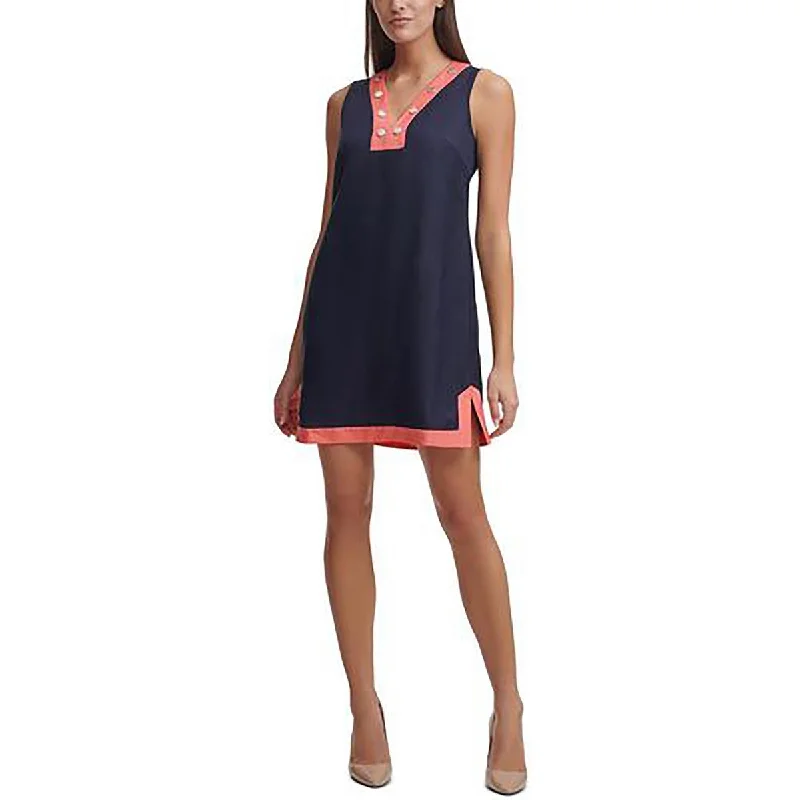 Tommy Hilfiger Womens Petites Two Tone V-Neck Mini Dress