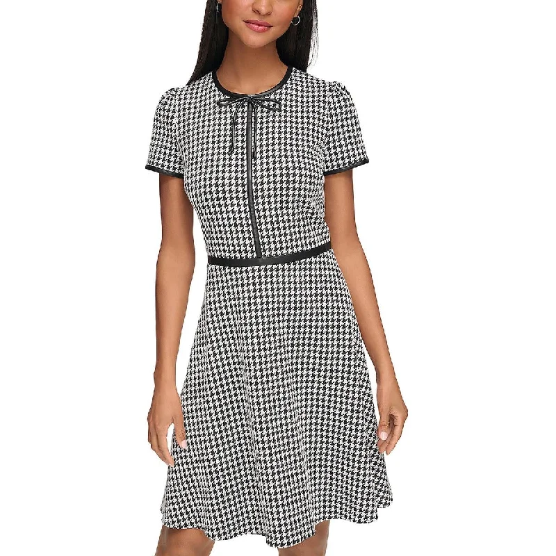 Karl Lagerfeld Paris Womens Houndstooth Bow Neck Mini Dress