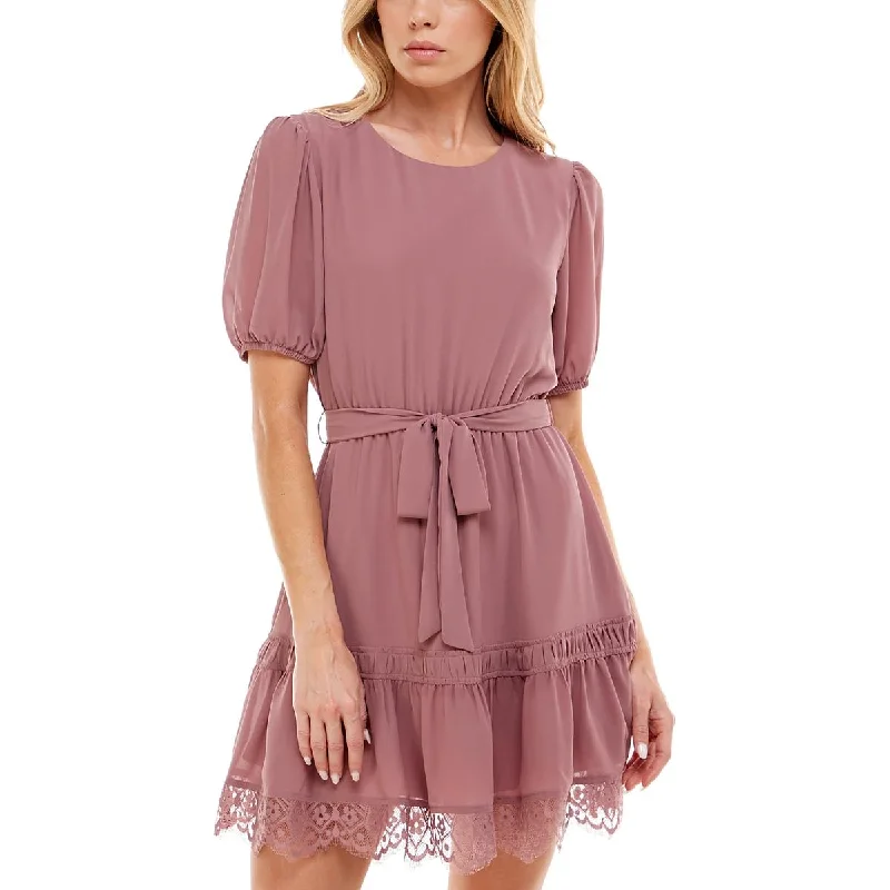 Speechless Womens Belted Lace Trim Mini Dress