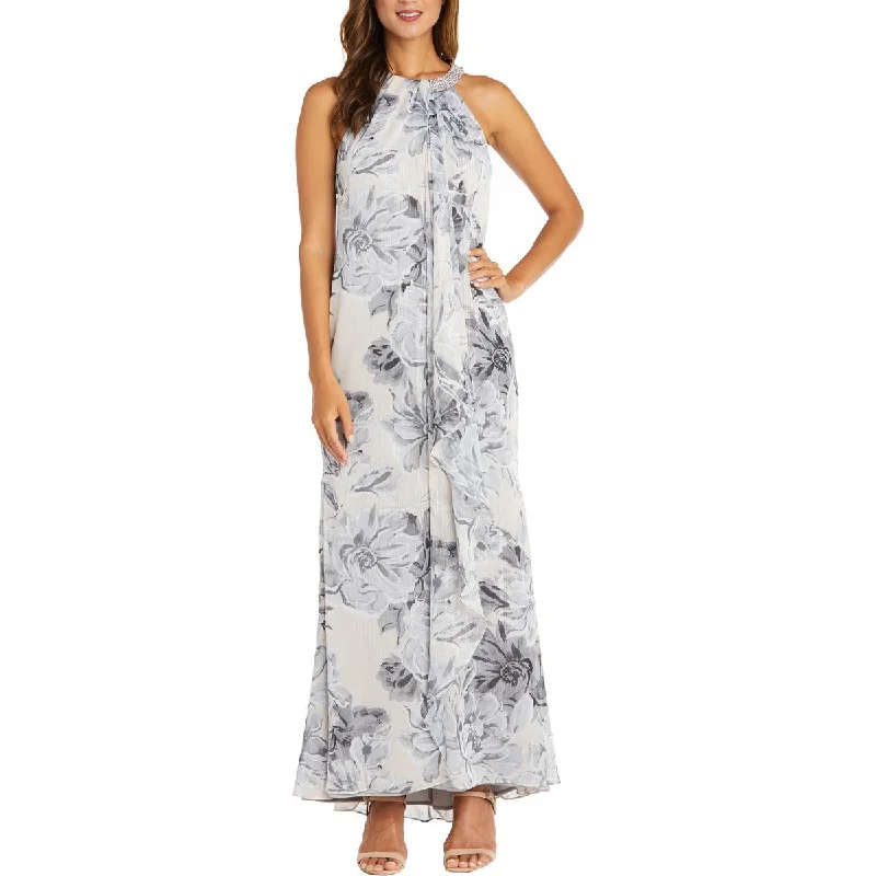 R&M Richards Womens Embellished Floral Print Halter Dress