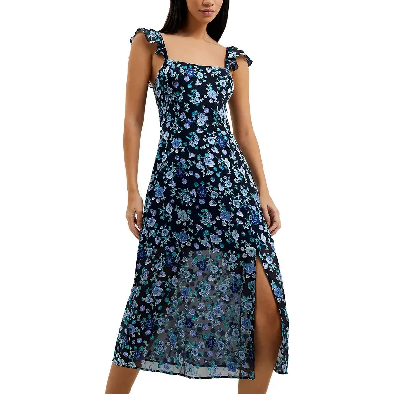 French Connection Womens Bette Floral Print Flutter Sleeve Midi Dress