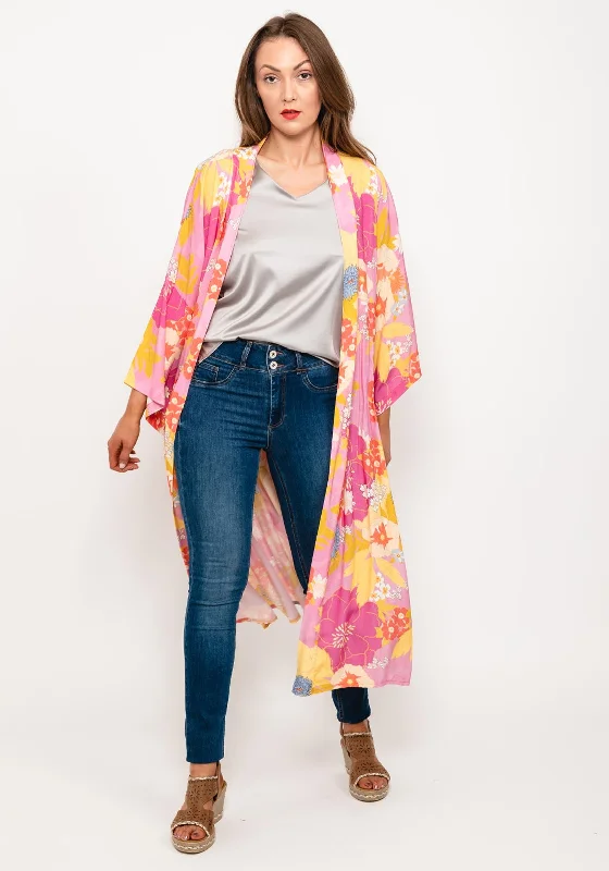 Seventy1 One Size Long Floral Kimono, Pink