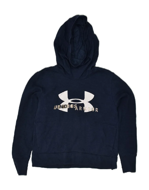 UNDER ARMOUR Womens Graphic Hoodie Jumper UK 14 Medium Navy Blue Cotton