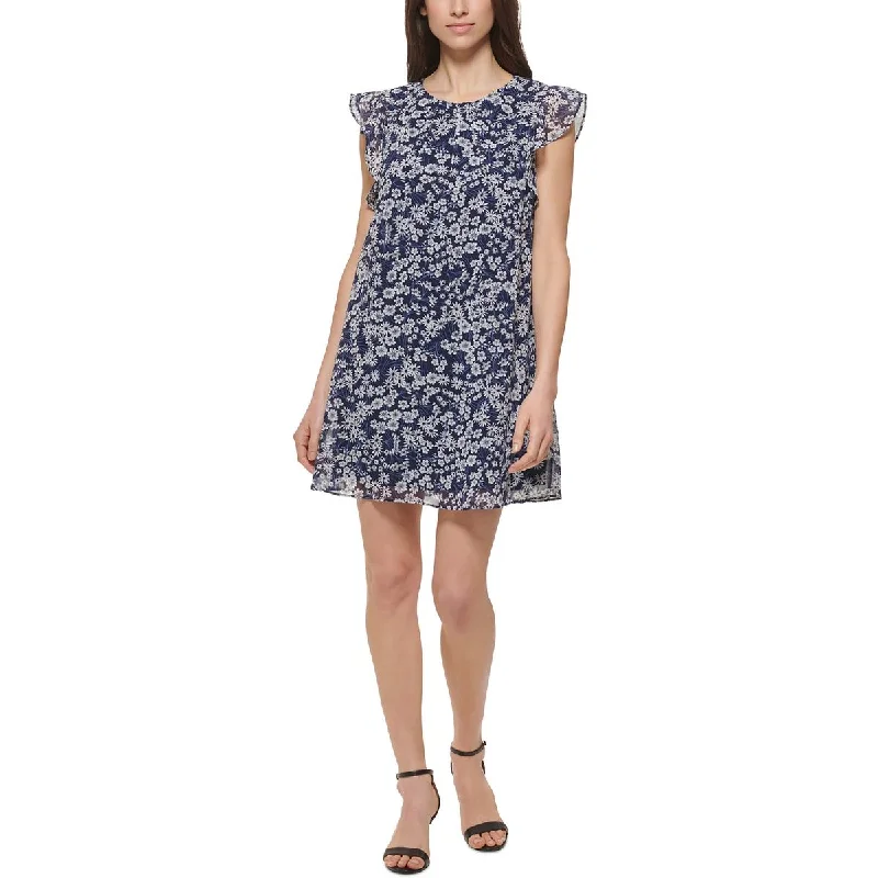 Jessica Howard Womens Petites Floral Print Chiffon Shift Dress