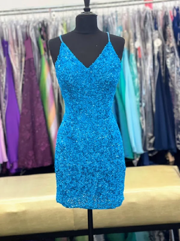 Amarra 87427 Size 4 Ocean Blue Short Fitted Sequin Backless Homecoming Dress Formal Cocktail Dress