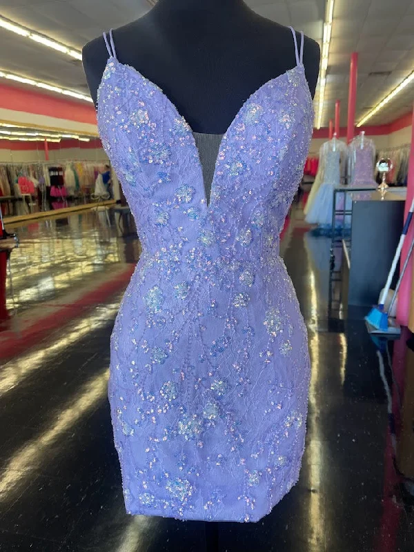 Amarra 87129 Size 8 Lilac Short Fitted Lace Sequin Embellished Cocktail Dress Backless Corset Formal Gown