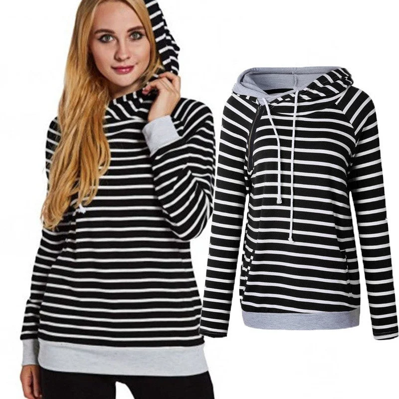 Bursts Stripes Stitching Hooded Sweatshirt Casual Women's Hoodies Blouse Pocket Plus Size Tops