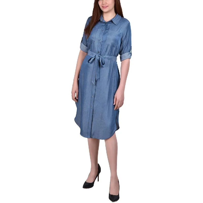 NY Collection Womens Petites Denim Roll Sleeves Shirtdress