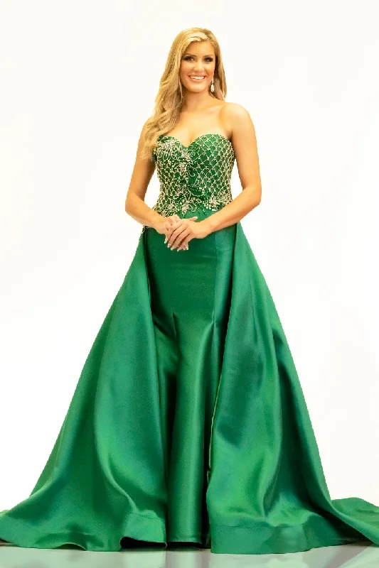 Johnathan Kayne 2333 Pageant Dress Strapless Sweetheart Overskirt Mikado Satin Emerald sz 4