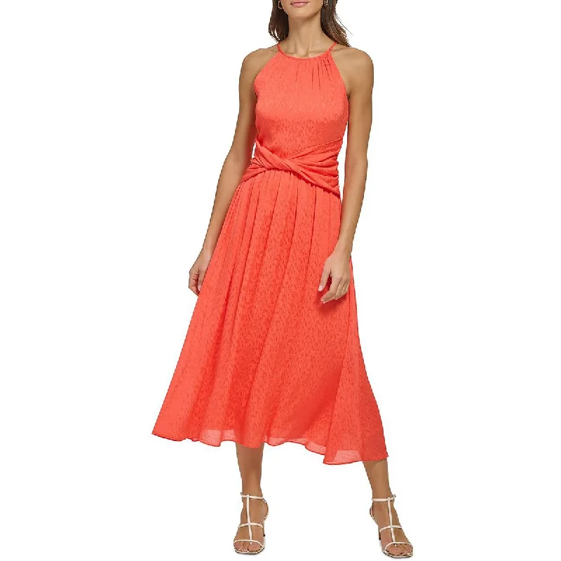 DKNY Womens Halter Twist Waist Midi Dress