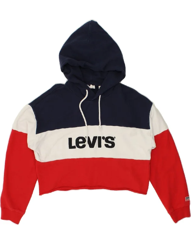 LEVI'S Womens Crop Graphic Hoodie Jumper UK 14 Medium Red Colourblock