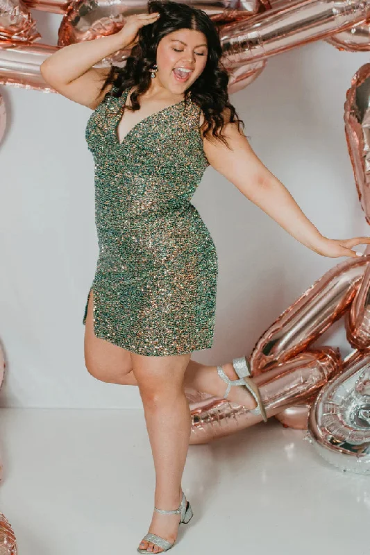 Sydney's Closet SC8110 Size 24 Green Short Plus Size fitted Sequin Formal Cocktail Dress Slit V Neck Gown