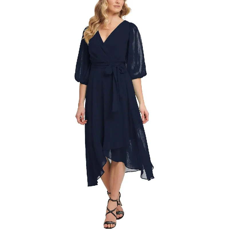 DKNY Womens Chiffon Faux Wrap Midi Dress