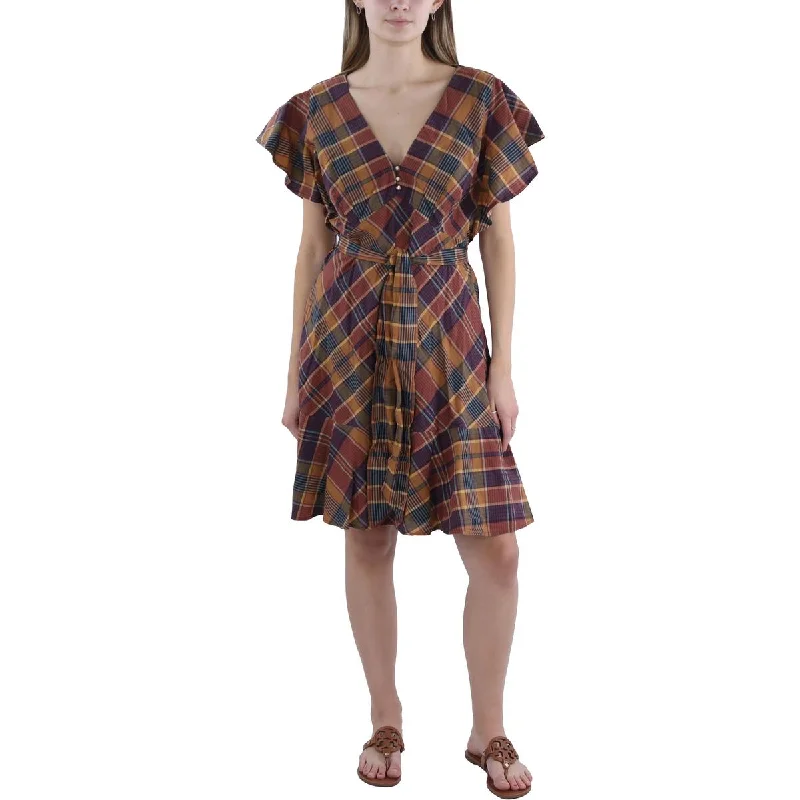 Lauren Ralph Lauren Womens Plaid Flutter Sleeve Mini Dress