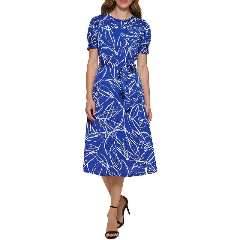 DKNY Womens Puff Sleeve Printed Midi Dress