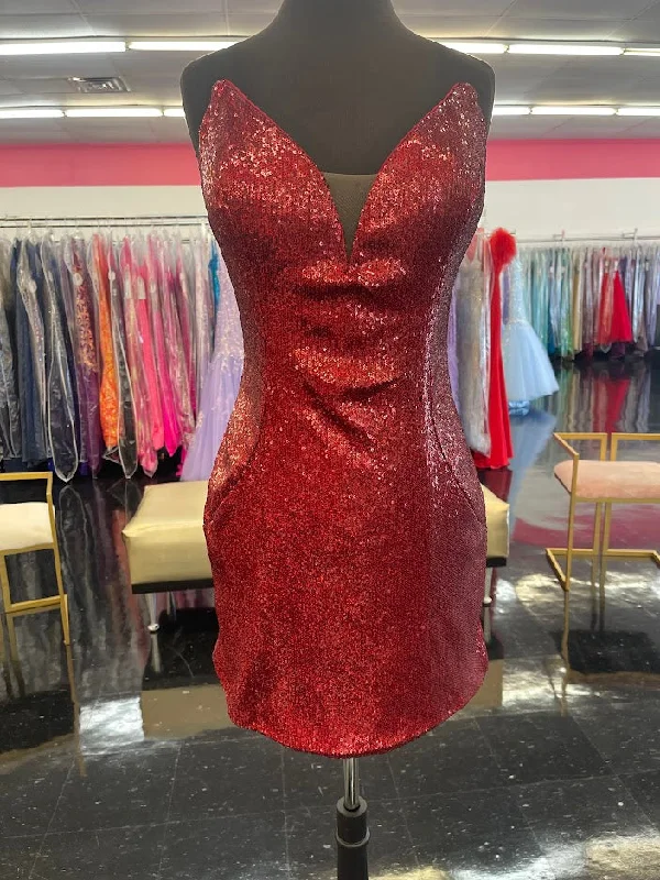 Ashley Lauren 4520 Size 12 Ruby Red Cocktail Dress Strapless iridescent short fitted petite sequins