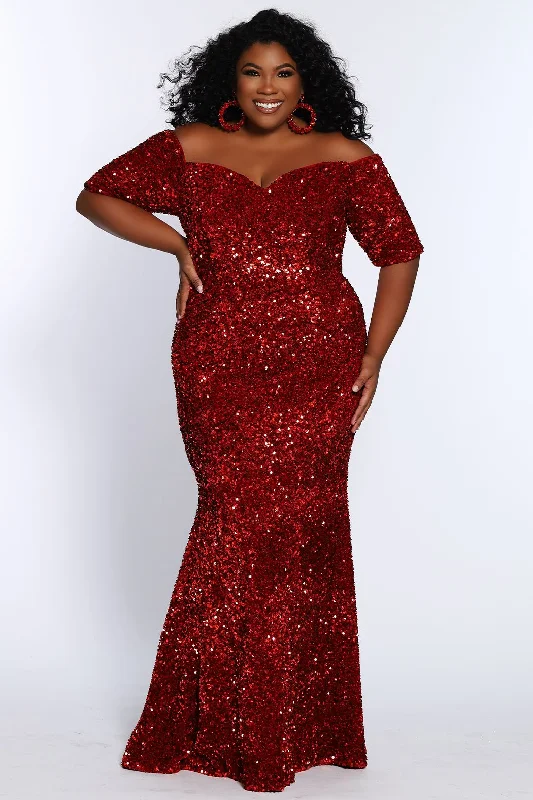 Johnathan Kayne Sydney's Closet JK2208 Cherry Red Prom Dress Size 22 Sequins Elbow Length Sleeves JK 2208