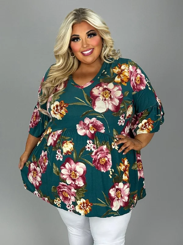 32 PSS {My Heart Is Full} Teal Green Floral Babydoll Tunic EXTENDED PLUS SIZE 3X 4X 5X