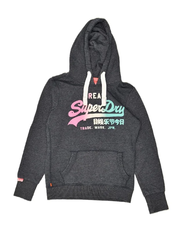 SUPERDRY Womens Graphic Hoodie Jumper UK 8 Small Navy Blue Flecked Cotton