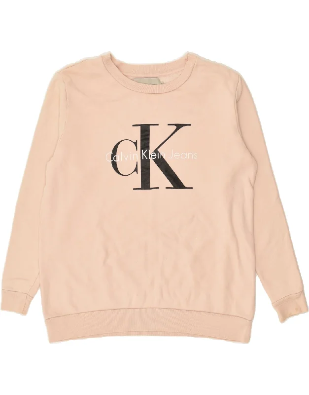 CALVIN KLEIN Womens Graphic Sweatshirt Jumper UK 14 Medium Beige