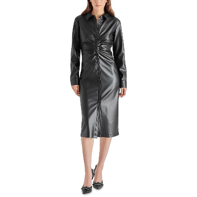 Steve Madden Womens Mclain Faux Leather Midi Shirtdress