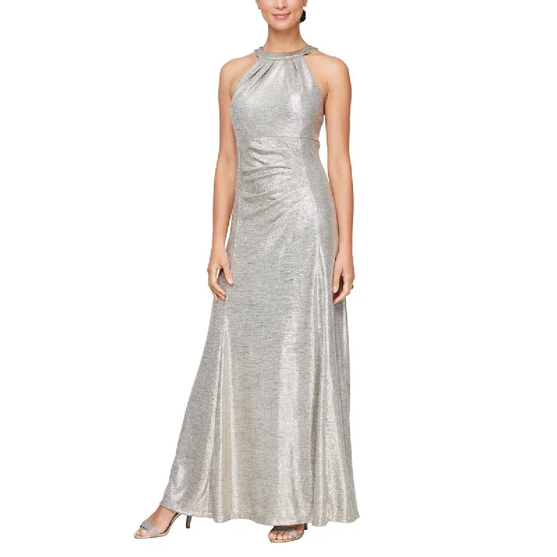 Alex Evenings Womens Plus Metallic Halter Evening Dress