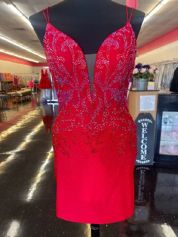 Amarra 87148 Size 6, 8, 12 Red Short fitted Jersey Formal Cocktail Dress Embellished Backless Corset Gown