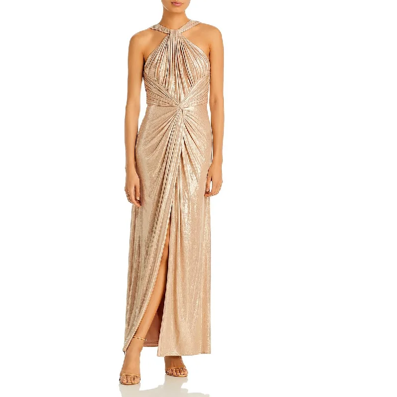 Tadashi Shoji Womens Metallic Halter Evening Dress