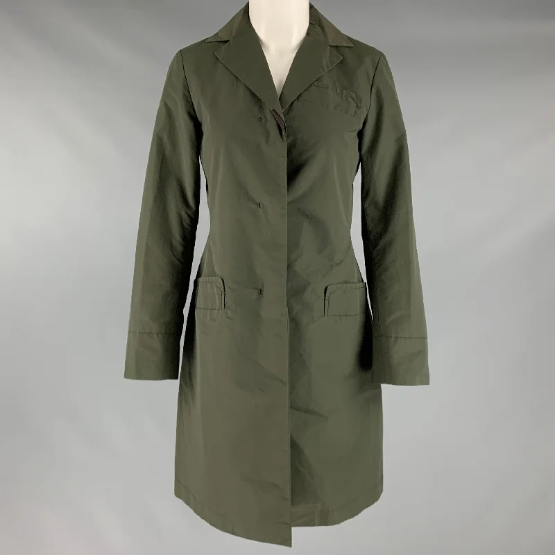 JIL SANDER Size 2 Olive Cotton Polyamide Solid Notch Lapel Coat