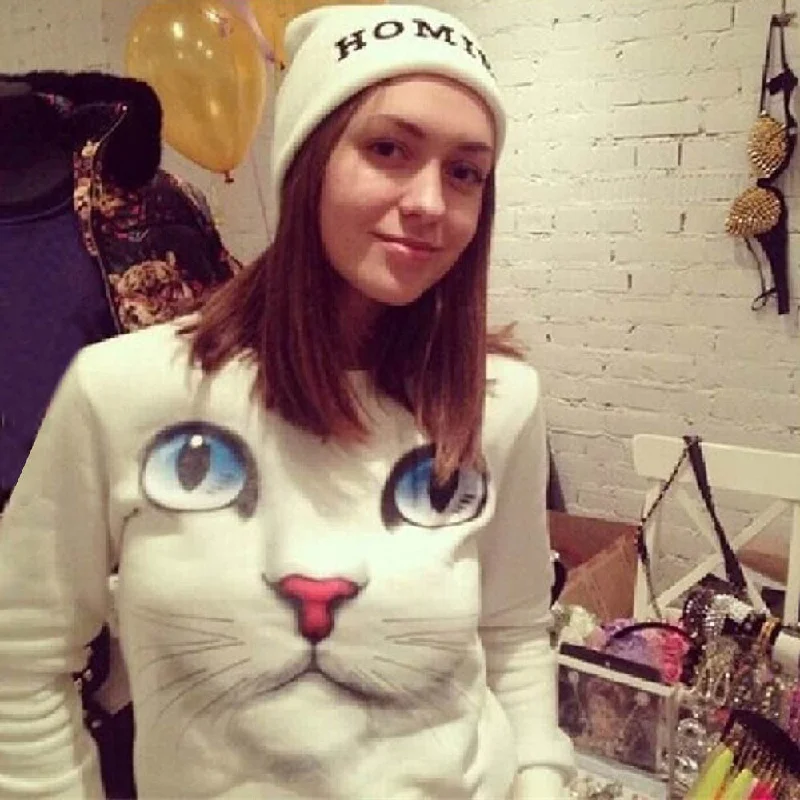 Women 3D Beads Cat Sweatshirt O Neck Pullovers Long Sleeve Blouse Tops