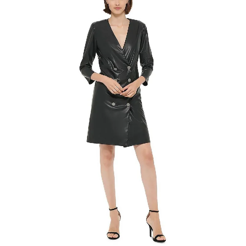 DKNY Womens Faux Leather Blazer Shirtdress