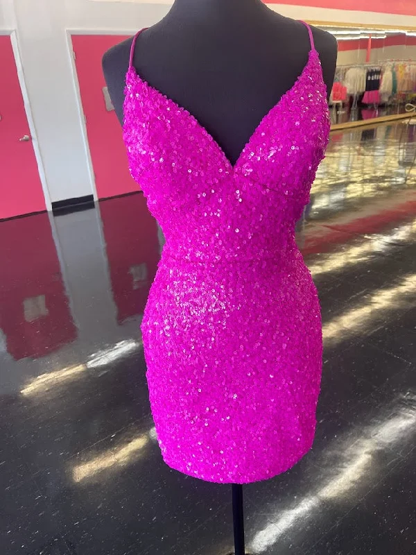 Amarra 87176 Size 6 Magenta Short Sequin Backless Corset Formal Homecoming Dress V Neck Gown