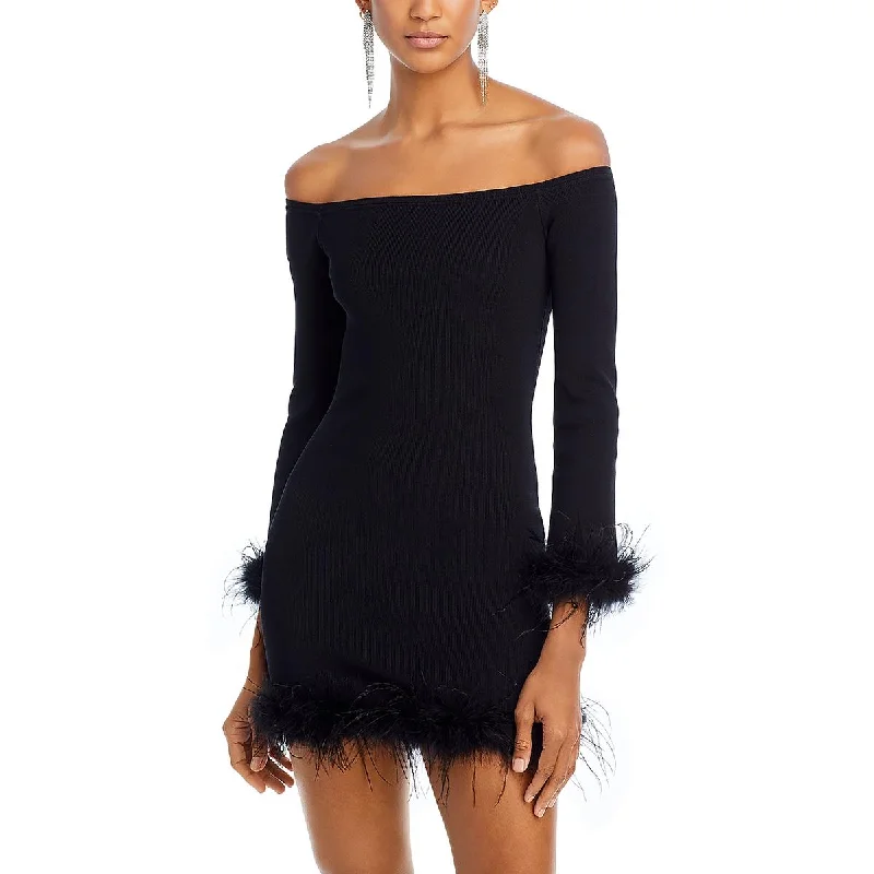 Lucy Paris Womens Joyce Faux Feather Trim Short Mini Dress