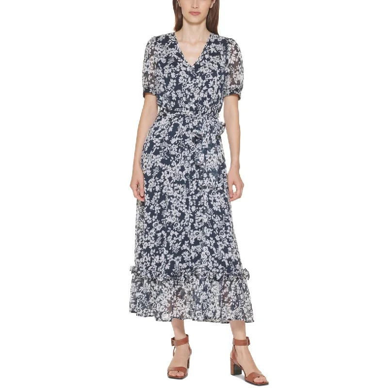 Calvin Klein Womens V-Neck Floral Midi Dress