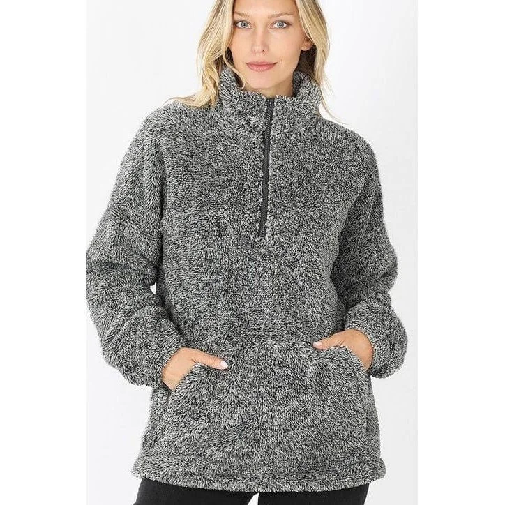 MELANGE FAUX FUR HALF ZIP POCKET PULLOVER