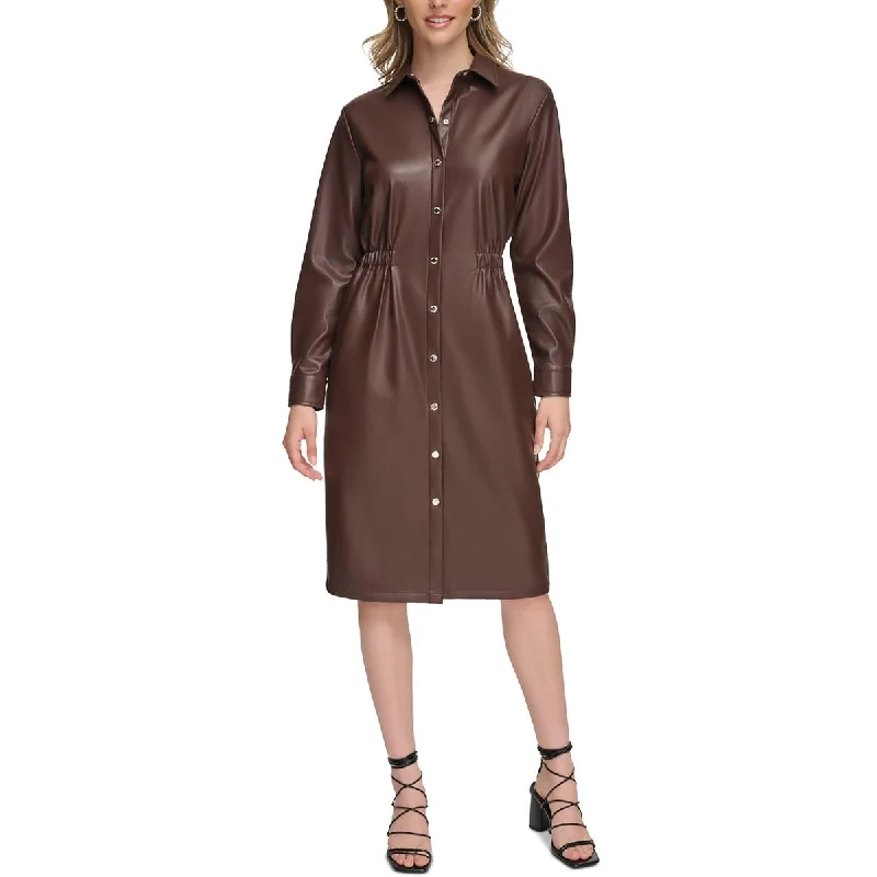 Calvin Klein Womens Faux Leather Midi Shirtdress