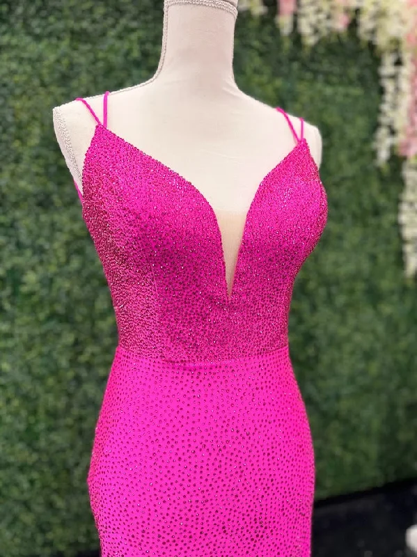 Amarra 87141 Size 4, 8 Bright Fuchsia Short Fitted V Neck Jersey Formal Cocktail Dress Backless Corset Rhinestone