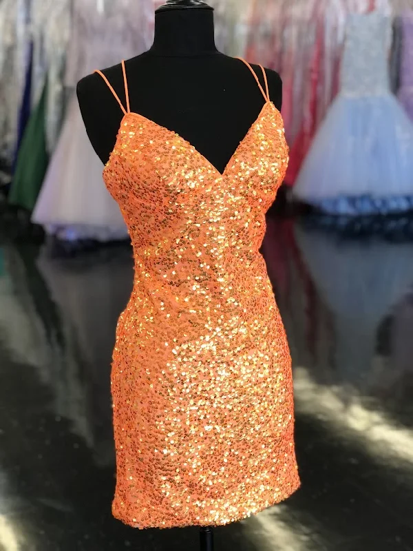 Dave & Johnny 10904 Size 2 Tangerine Short Iridescent Sequin Corset Homecoming Dress Cocktail Formal