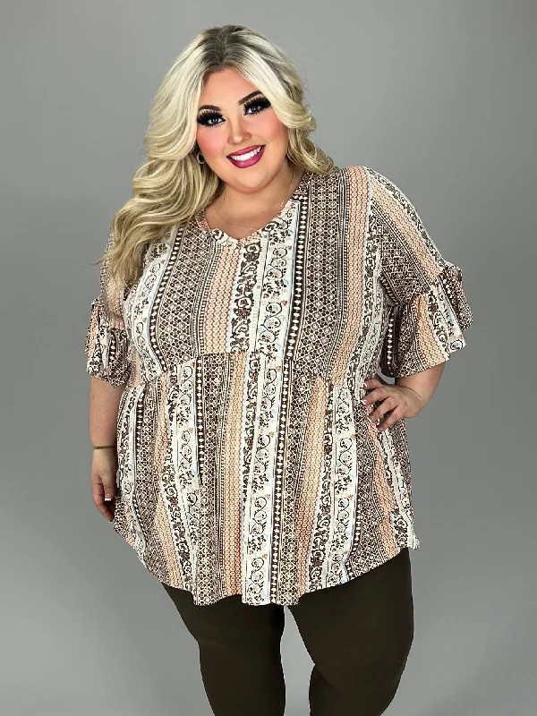 53 PSS {S'mores Around The Fire}  Brown & Orange V-Neck Scroll Print  Tunic EXTENDED PLUS SIZE 1X 2X 3X 4X 5X